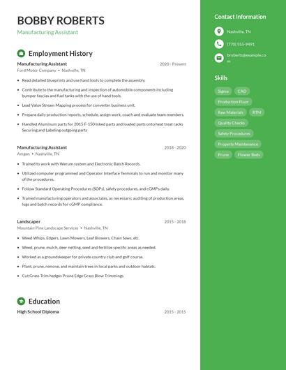 Manufacturing Assistant Resume