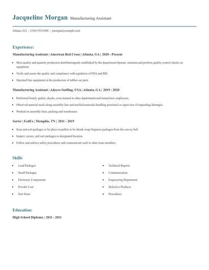 Manufacturing Assistant Resume