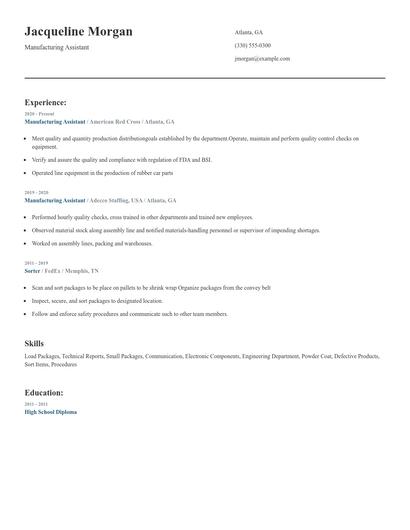Manufacturing Assistant Resume