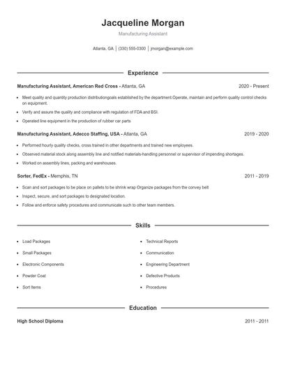 Manufacturing Assistant Resume