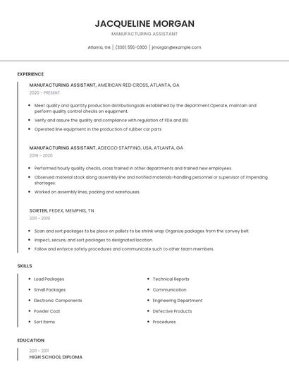 Manufacturing Assistant Resume