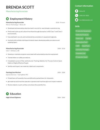 Manufacturing Associate Resume