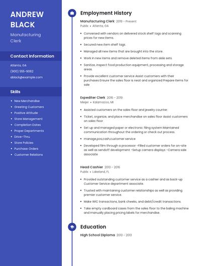Manufacturing Clerk Resume