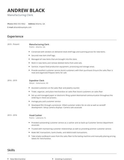 Manufacturing Clerk Resume