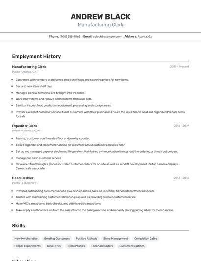 Manufacturing Clerk Resume