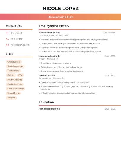 Manufacturing Clerk Resume