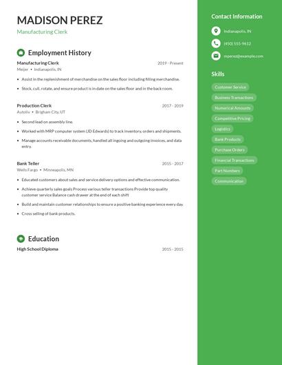 Manufacturing Clerk Resume