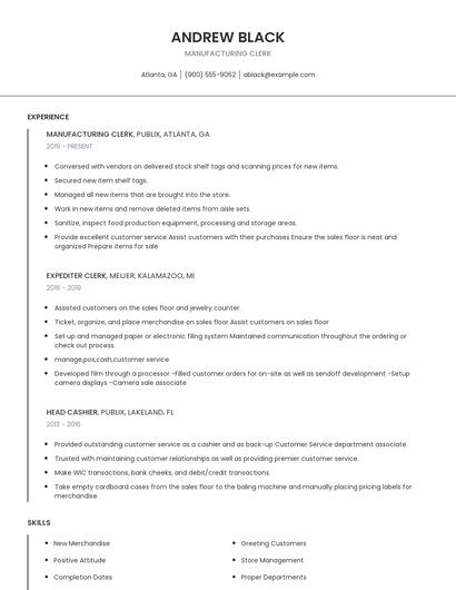 Manufacturing Clerk Resume