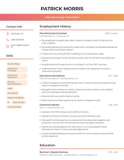 Manufacturing Consultant Resume