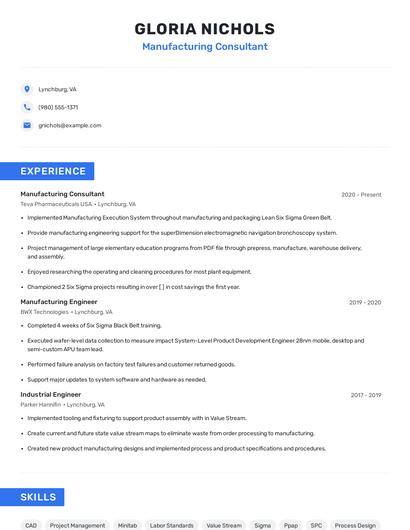 Manufacturing Consultant Resume