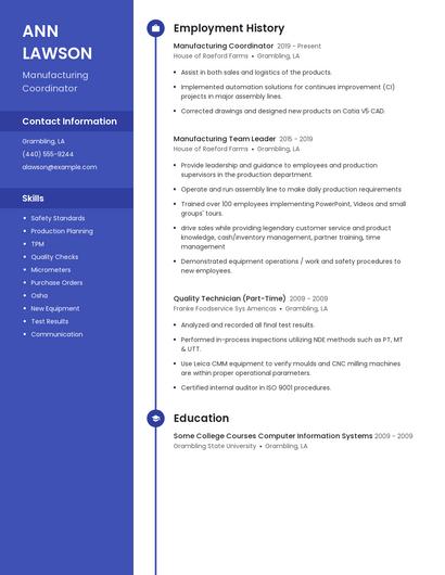 Manufacturing Coordinator Resume
