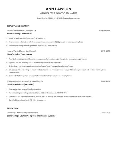 Manufacturing Coordinator Resume