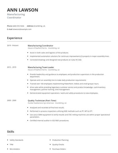 Manufacturing Coordinator Resume