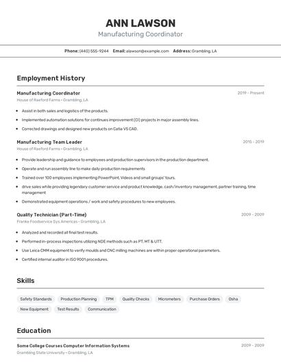 Manufacturing Coordinator Resume