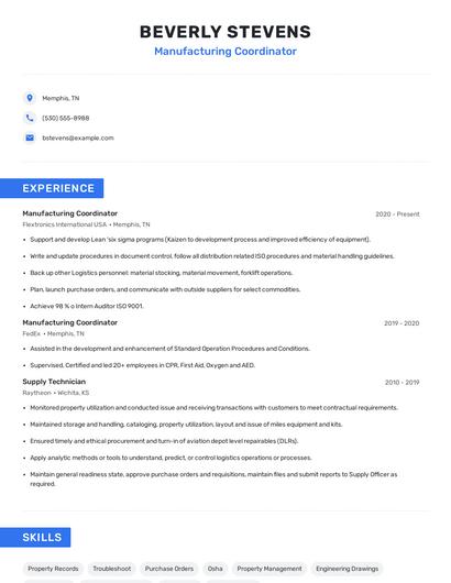 Manufacturing Coordinator Resume