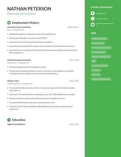 Manufacturing Coordinator Resume