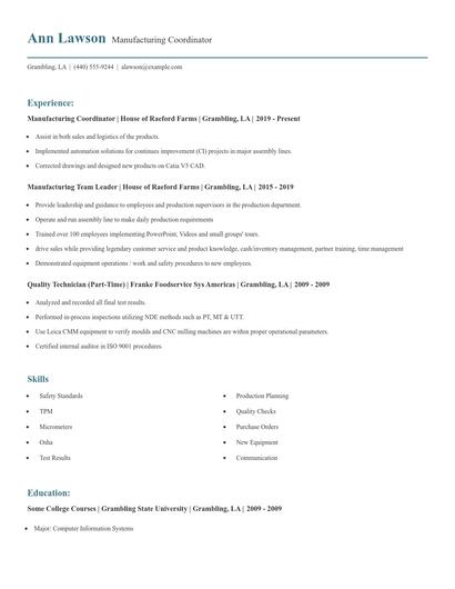 Manufacturing Coordinator Resume