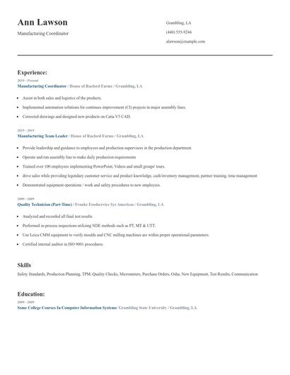 Manufacturing Coordinator Resume