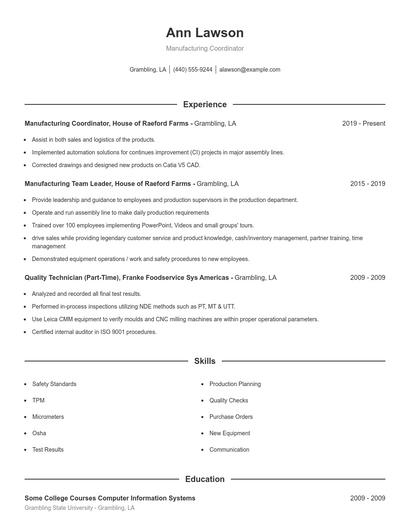 Manufacturing Coordinator Resume