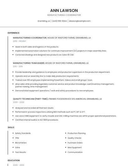 Manufacturing Coordinator Resume