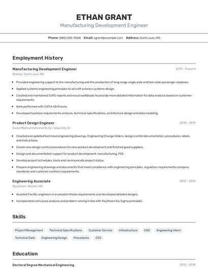 Manufacturing Development Engineer Resume