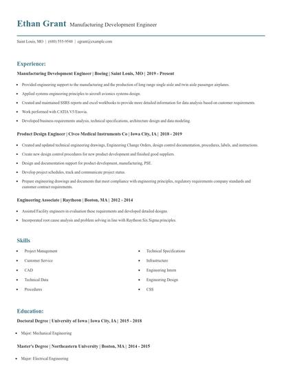 Manufacturing Development Engineer Resume