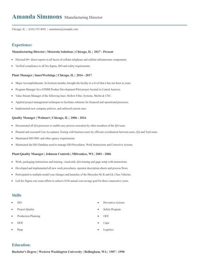 Manufacturing Director Resume