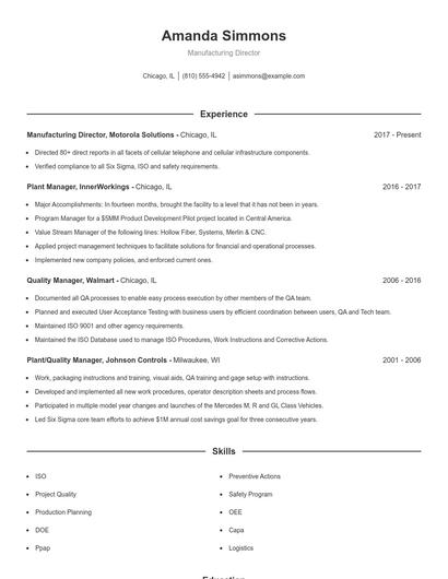 Manufacturing Director Resume