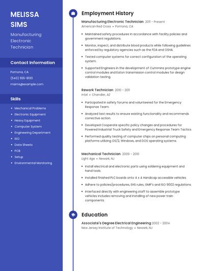 Manufacturing Electronic Technician Resume