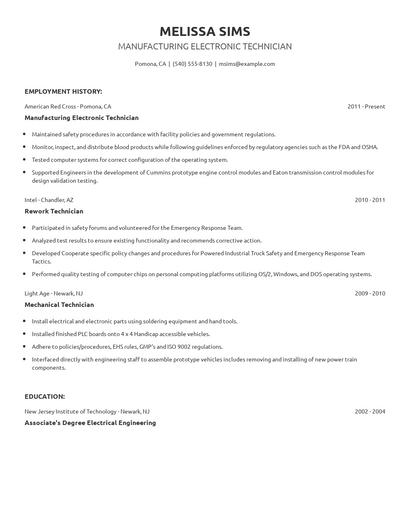 Manufacturing Electronic Technician Resume