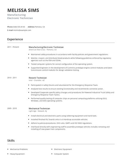 Manufacturing Electronic Technician Resume