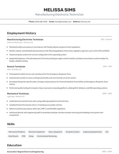 Manufacturing Electronic Technician Resume