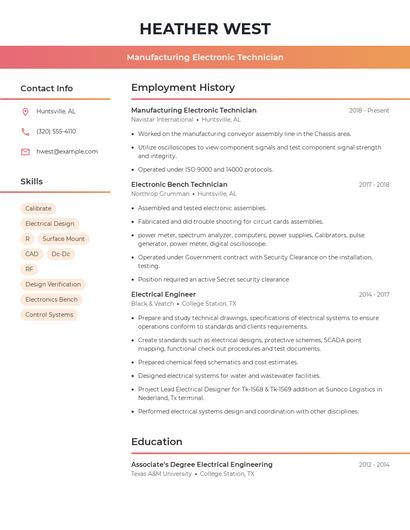 Manufacturing Electronic Technician Resume