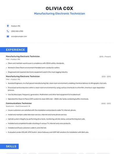 Manufacturing Electronic Technician Resume