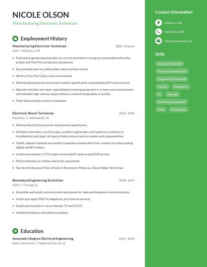 Manufacturing Electronic Technician Resume