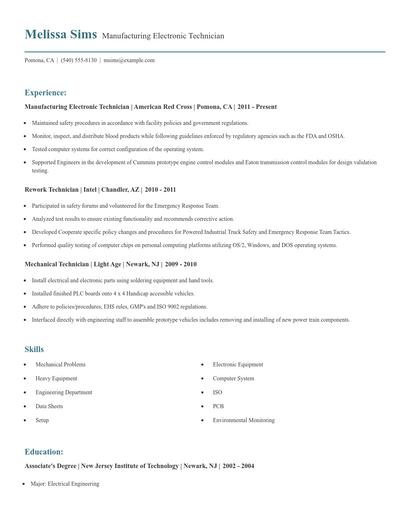 Manufacturing Electronic Technician Resume