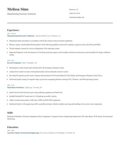 Manufacturing Electronic Technician Resume