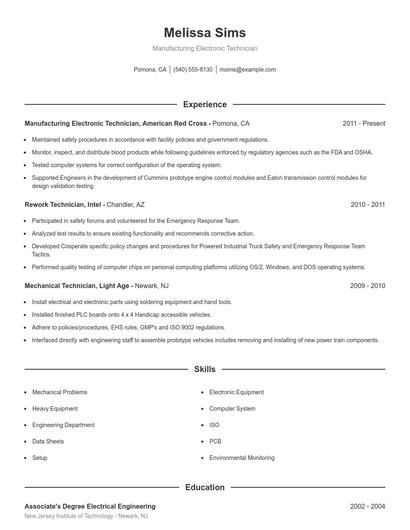 Manufacturing Electronic Technician Resume