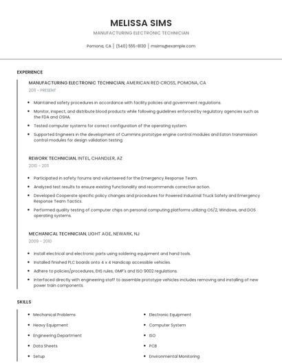 Manufacturing Electronic Technician Resume