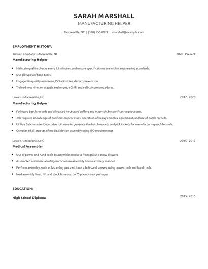 Manufacturing Helper Resume