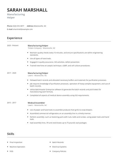Manufacturing Helper Resume