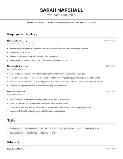 Manufacturing Helper Resume