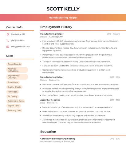 Manufacturing Helper Resume