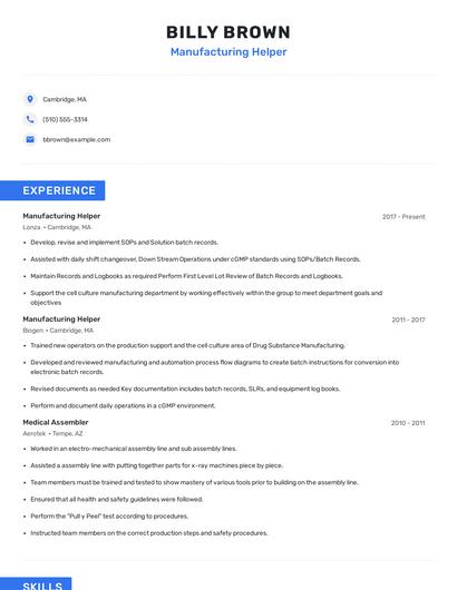 Manufacturing Helper Resume