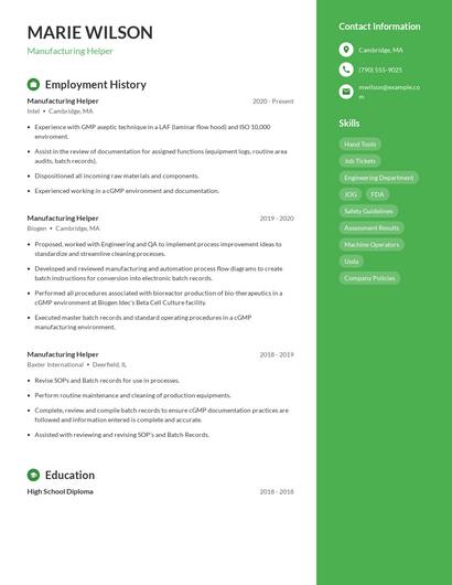 Manufacturing Helper Resume