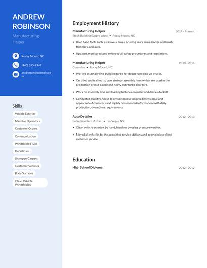 Manufacturing Helper Resume