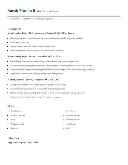 Manufacturing Helper Resume
