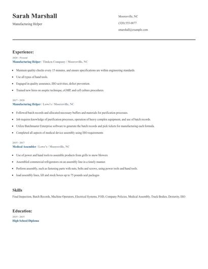 Manufacturing Helper Resume