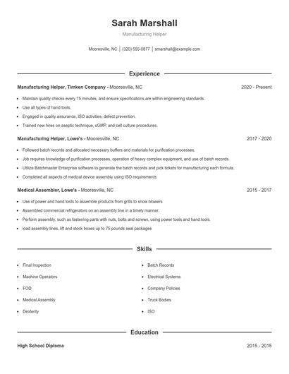 Manufacturing Helper Resume
