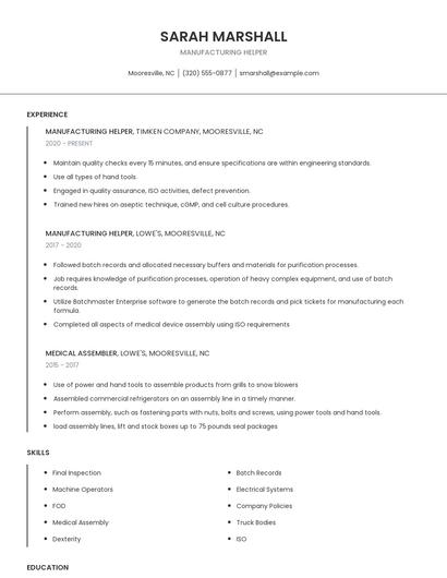 Manufacturing Helper Resume
